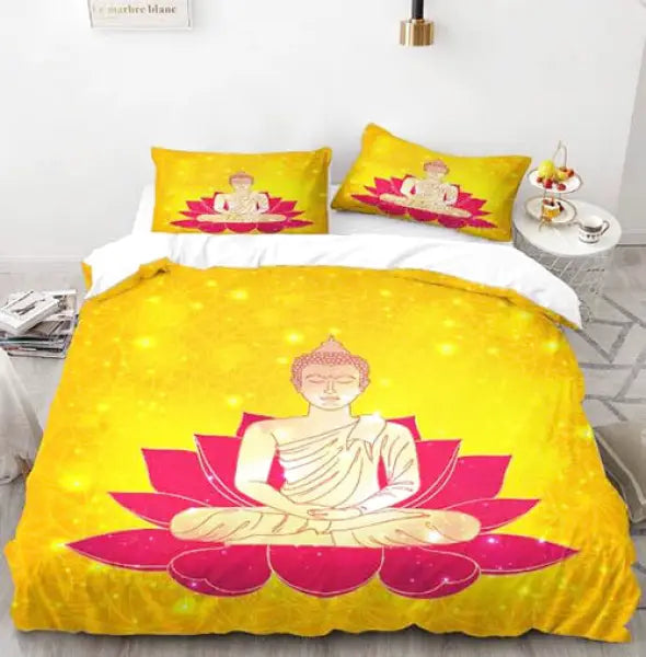 Parure-de-Lit-Jaune-avec-Bouddha-et-Lotus