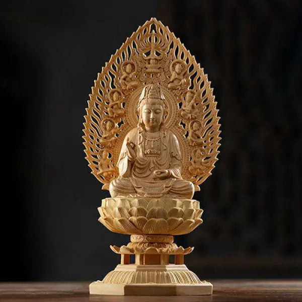 Statue-Bouddha-Assis-Trône-Bois