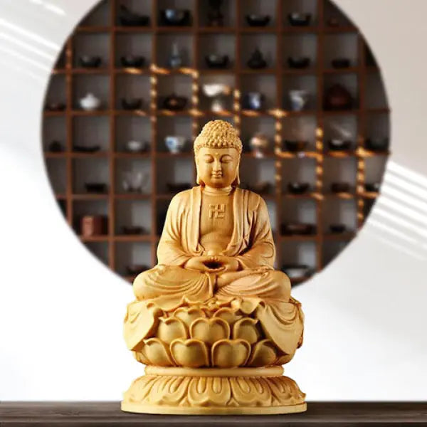 Statue-Bouddha-en-Bois-avec-Svastika