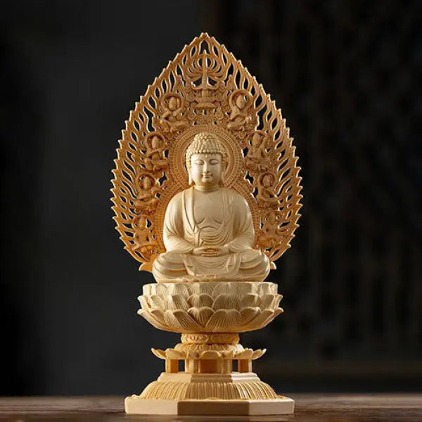 Statue-Bouddha-et-Fleur-de-Lotus-en-Bois
