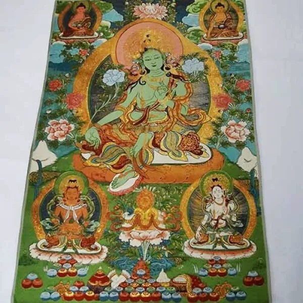 Tisse-Brode-Thangka-Divinité-Tara-Verte