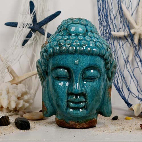 Tête-Bouddha-Céramique-Émaillée-Bleu
